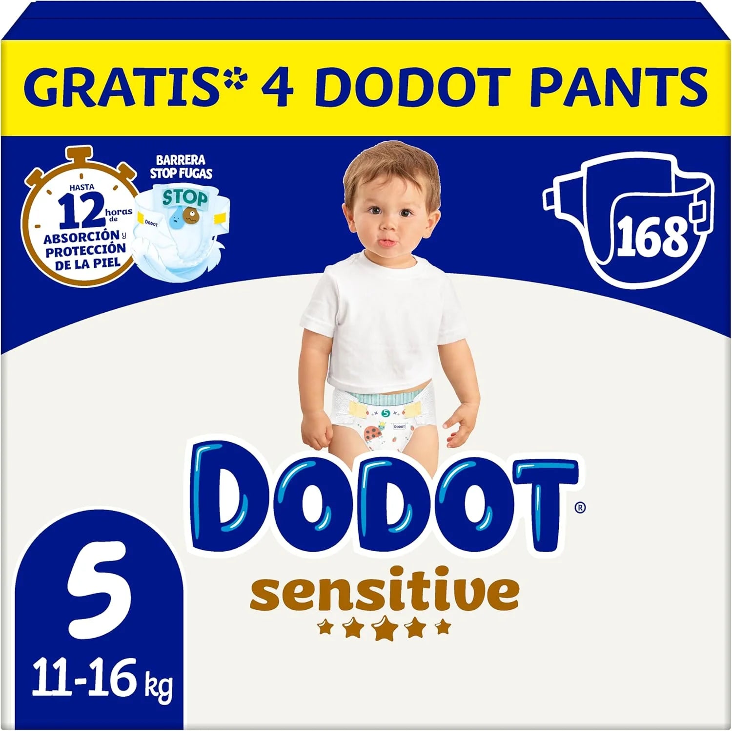 Dodot Pañales Bebé Sensitive, Talla 5 (11-16 kg), 168 Pañales + 4 Pants de Regalo, Hasta 12 h De Protección Antifugas y Cuidado de la Piel, Pack Mensual