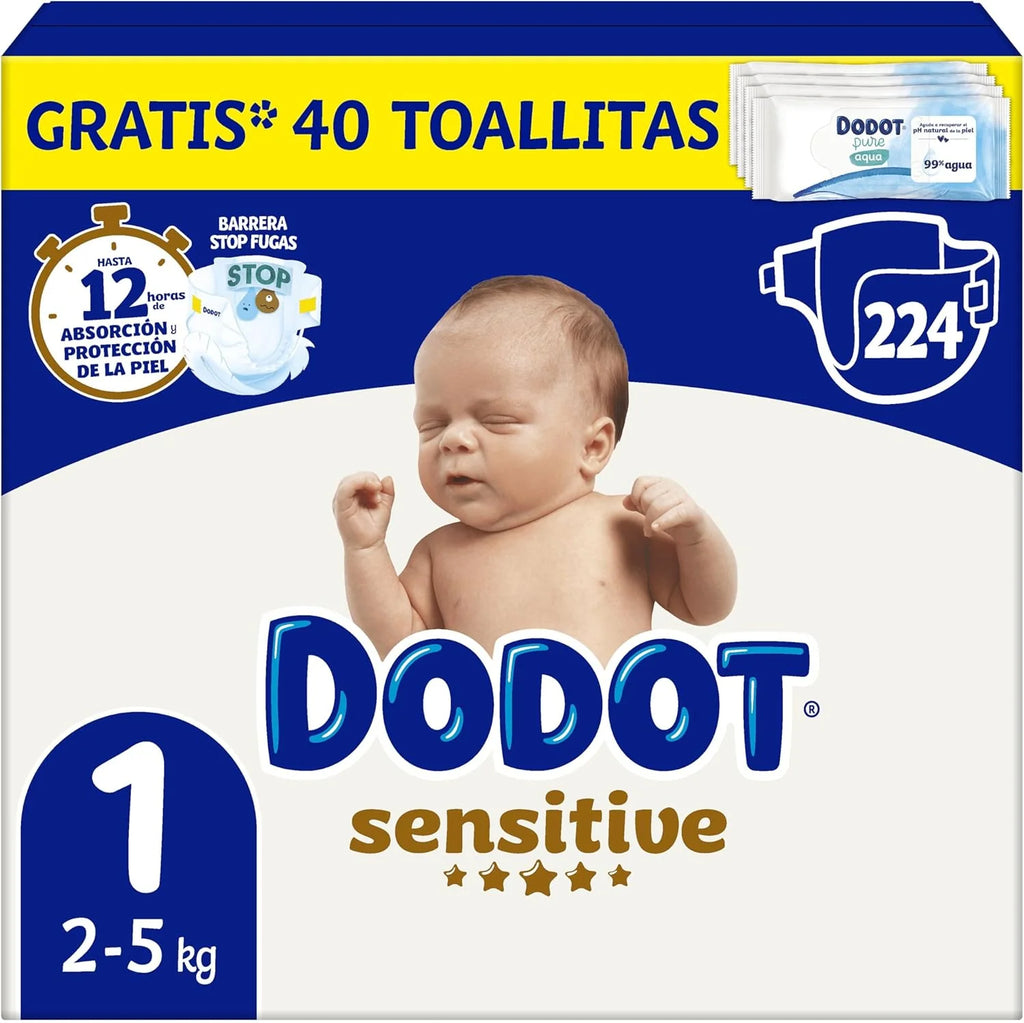 Dodot Pañales Bebé Sensitive, Talla 1 (2-5 kg), 224 Pañales + Regalo de 40 Toallitas Aqua Pure 99% Agua, Hasta 12 h De Protección Antifugas y Cuidado de la Piel, Pack Mensual
