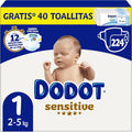 Dodot Pañales Bebé Sensitive, Talla 1 (2-5 kg), 224 Pañales + Regalo de 40 Toallitas Aqua Pure 99% Agua, Hasta 12 h De Protección Antifugas y Cuidado de la Piel, Pack Mensual