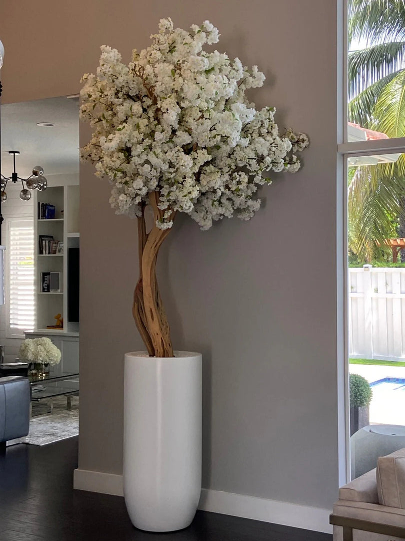 Matte Beige St. Tropez Planter with Custom Made White Cherry Blossom Tree