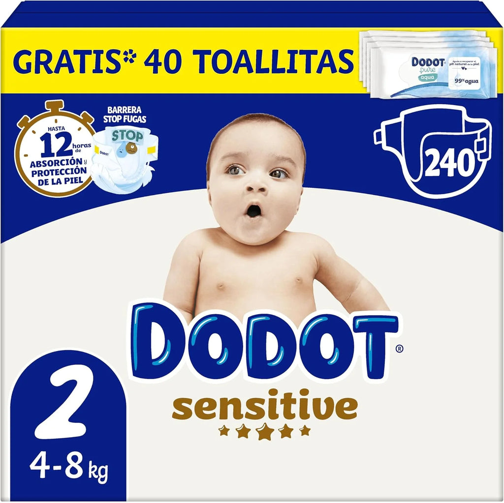 Dodot Pañales Bebé Sensitive, Talla 2 (4-8 kg), 240 Pañales + Regalo de 40 Toallitas Aqua Pure 99% Agua, Hasta 12 h De Protección Antifugas y Cuidado de la Piel, Pack Mensual