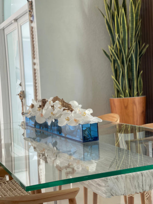 36″ Casa Moderna Blue Acrylic Planter with White Orchids and Driftwood