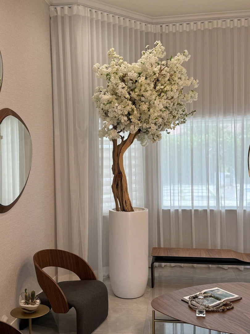 Matte Beige St. Tropez Planter with Custom Made White Cherry Blossom Tree