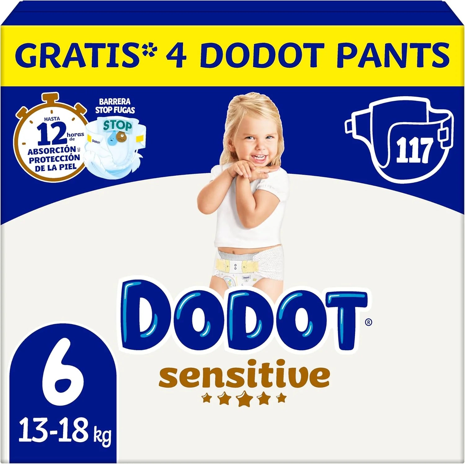 Dodot Pañales Bebé Sensitive, Talla 6 (+13 kg), 117 Pañales + 4 Pants de Regalo, Hasta 12 h De Protección Antifugas y Cuidado de la Piel, Pack Mensual