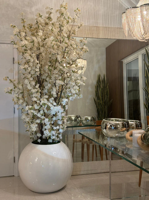 30″ Glossy White Globe Planter with White Cherry Blossom Branches