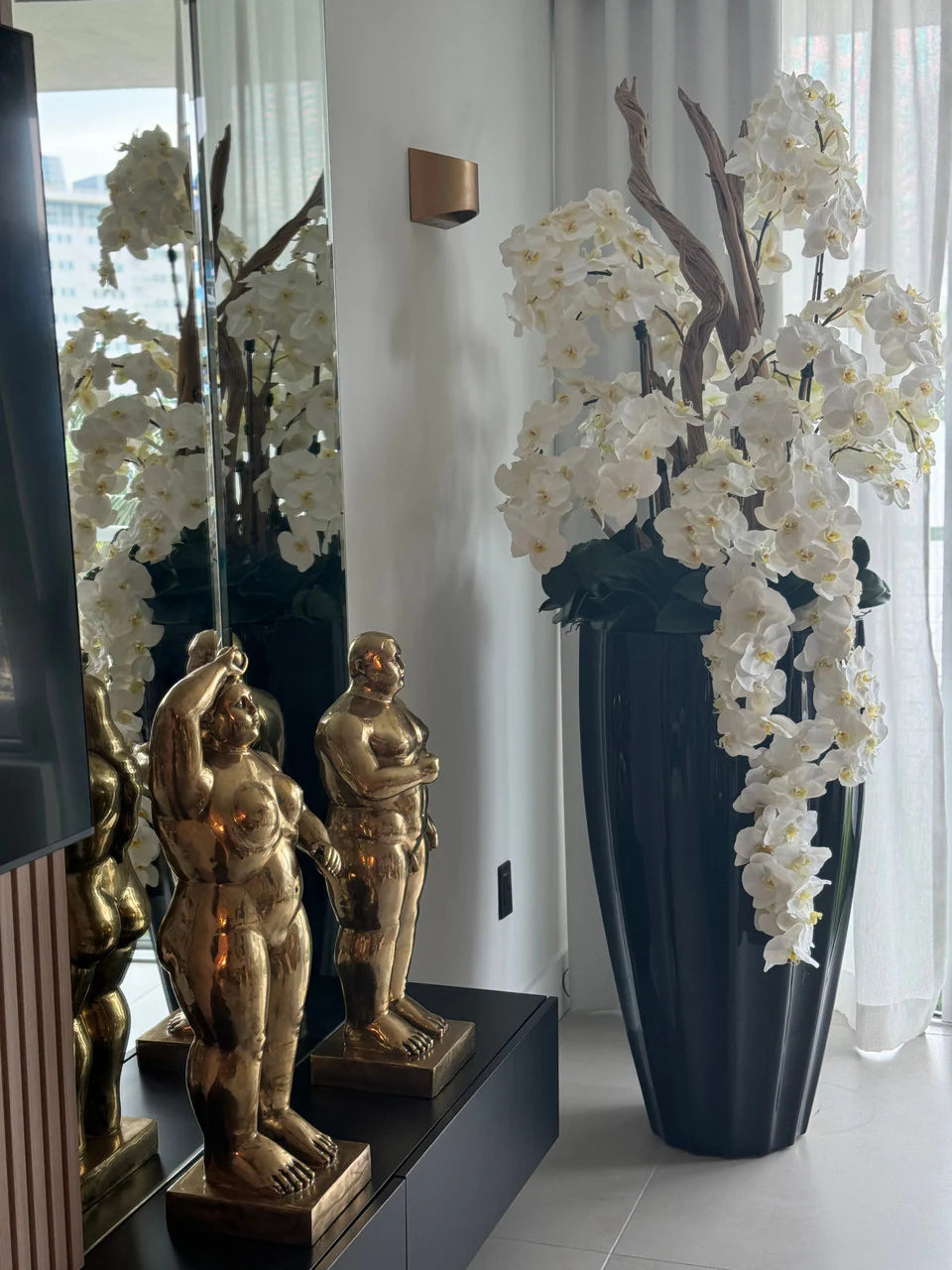 San Jose Planter in Glossy Black with Cascading White Orchids