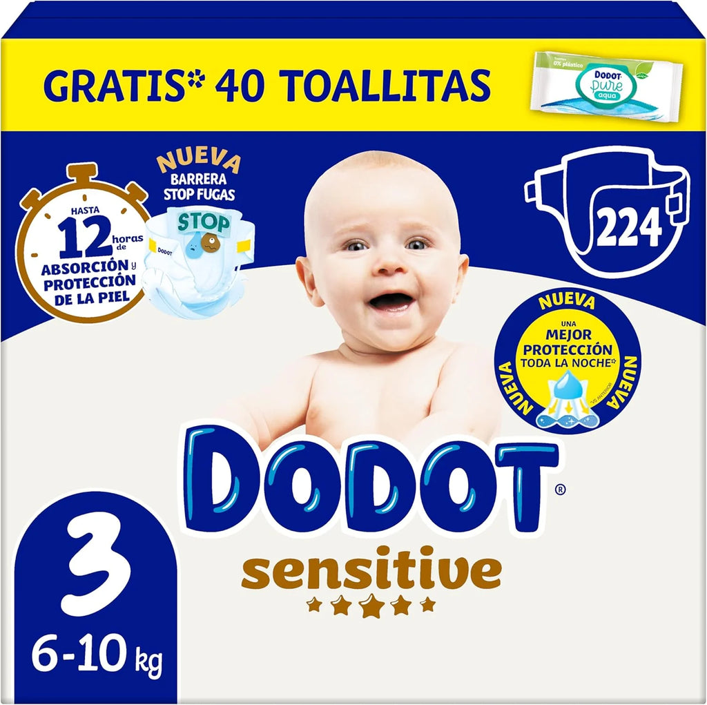 Dodot Pañales Bebé Sensitive, Talla 3 (6-10 kg), 224 Pañales + 1 Pack de 40 Toallitas Regalo de Aqua Plastic Free, Nº1 en Protección de la Piel deDodot, Pack Mensual