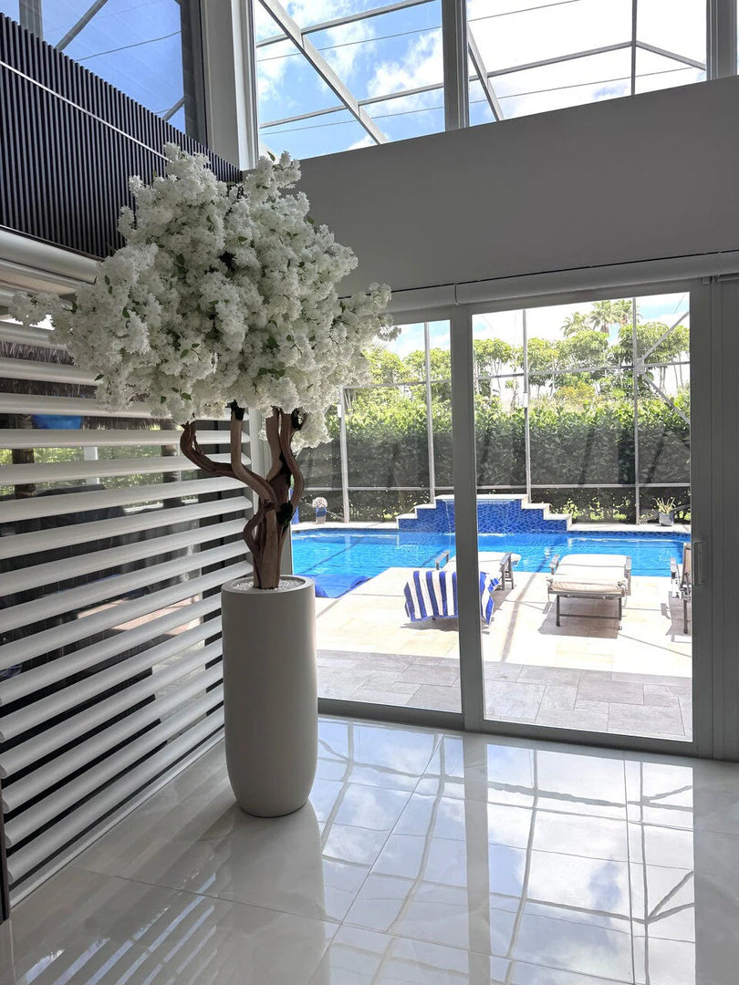 Matte Beige St. Tropez Planter with Custom Made White Cherry Blossom Tree