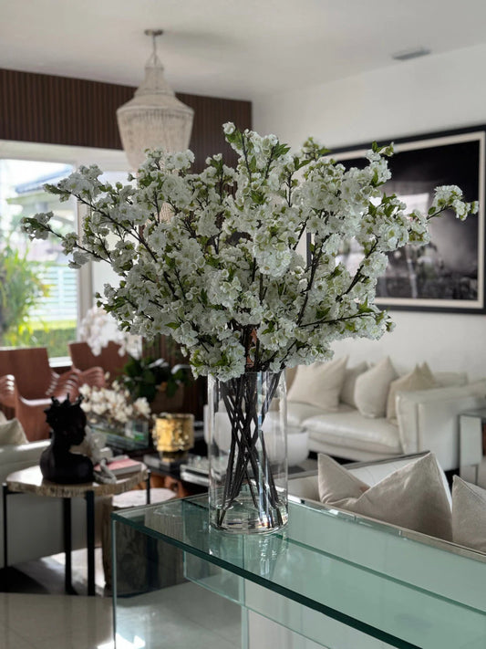 White Cherry Blossoms In 16″ Glass Cylinder