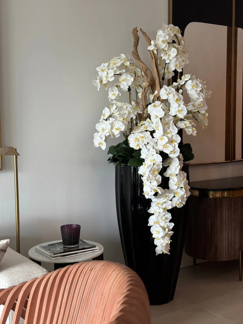 San Jose Planter in Glossy Black with Cascading White Orchids