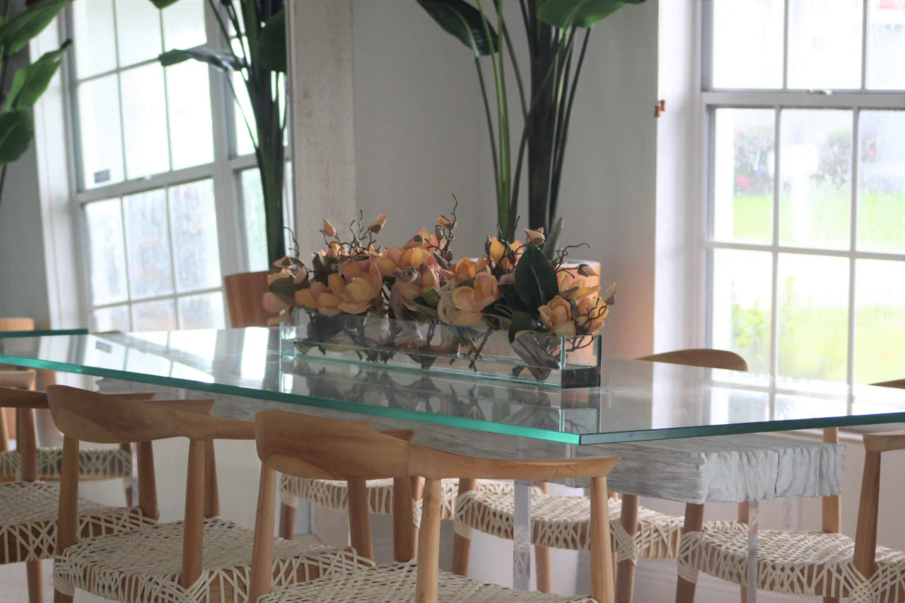 36″ Casa Moderna glass plate planter with peach magnolias