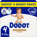 Dodot Pañales Bebé Sensitive, Talla 4 (9-14 kg), 192 Pañales + 4 Pants de Regalo, Hasta 12 h De Protección Antifugas y Cuidado de la Piel, Pack Mensual