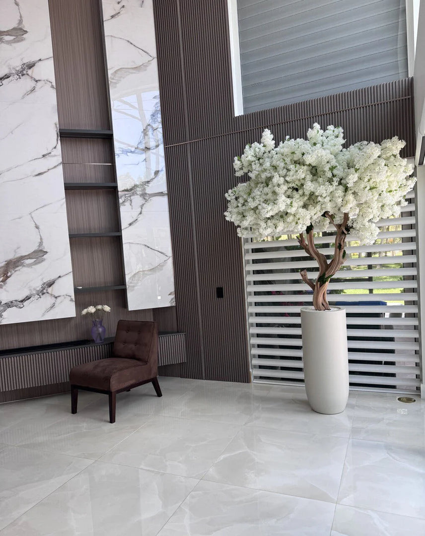 Matte Beige St. Tropez Planter with Custom Made White Cherry Blossom Tree