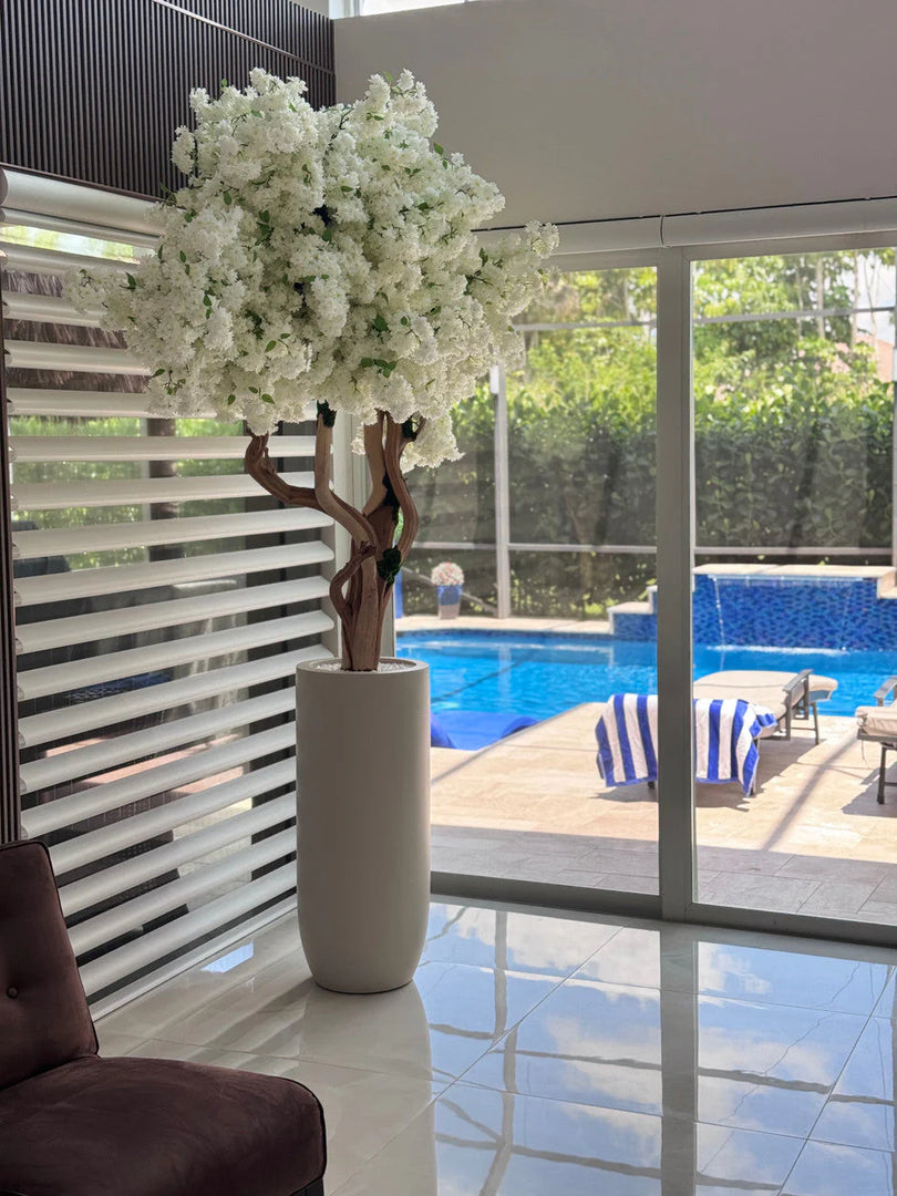 Matte Beige St. Tropez Planter with Custom Made White Cherry Blossom Tree