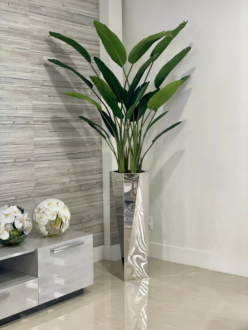 Stainless Prism Planter with Bird of Paradise (7′)