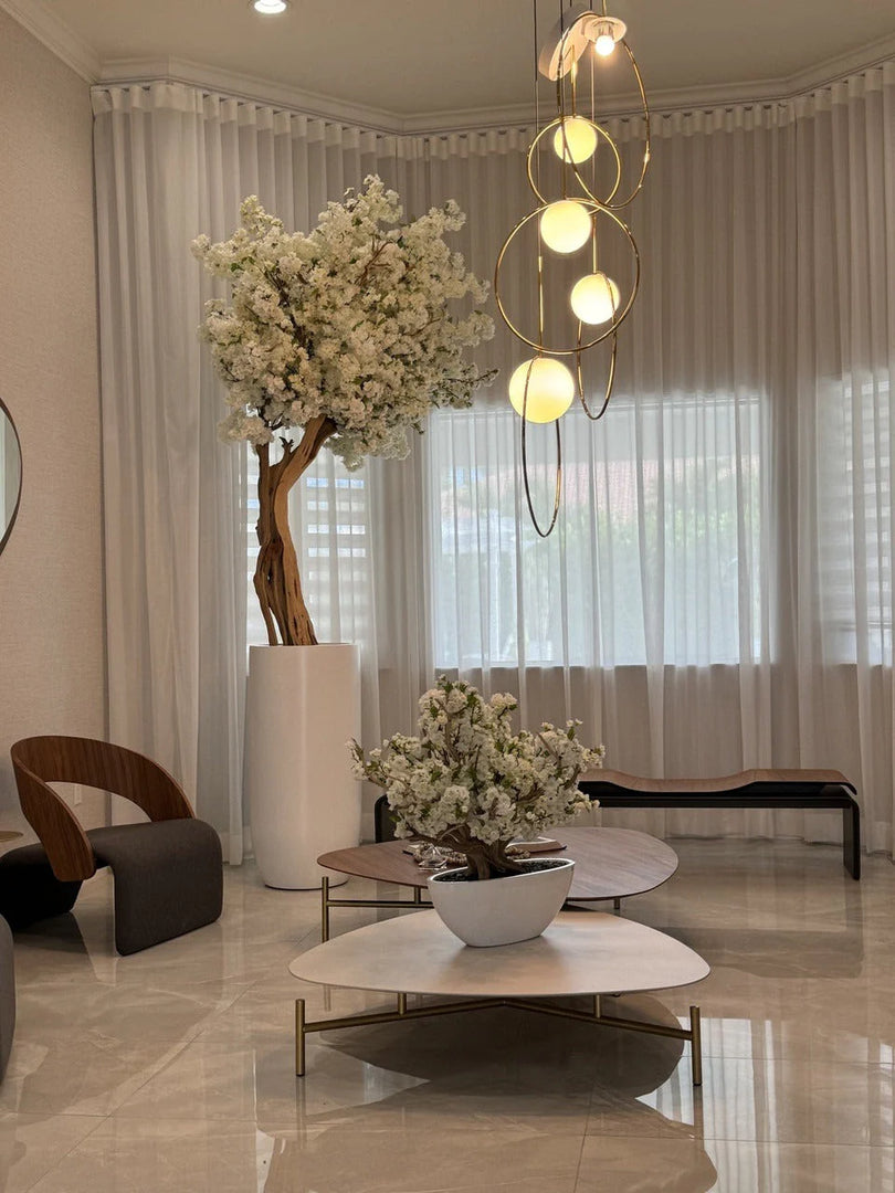 Matte Beige St. Tropez Planter with Custom Made White Cherry Blossom Tree