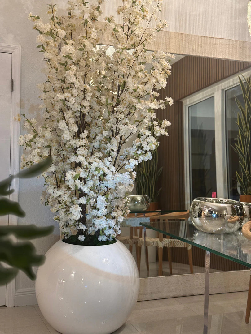 30″ Glossy White Globe Planter with White Cherry Blossom Branches